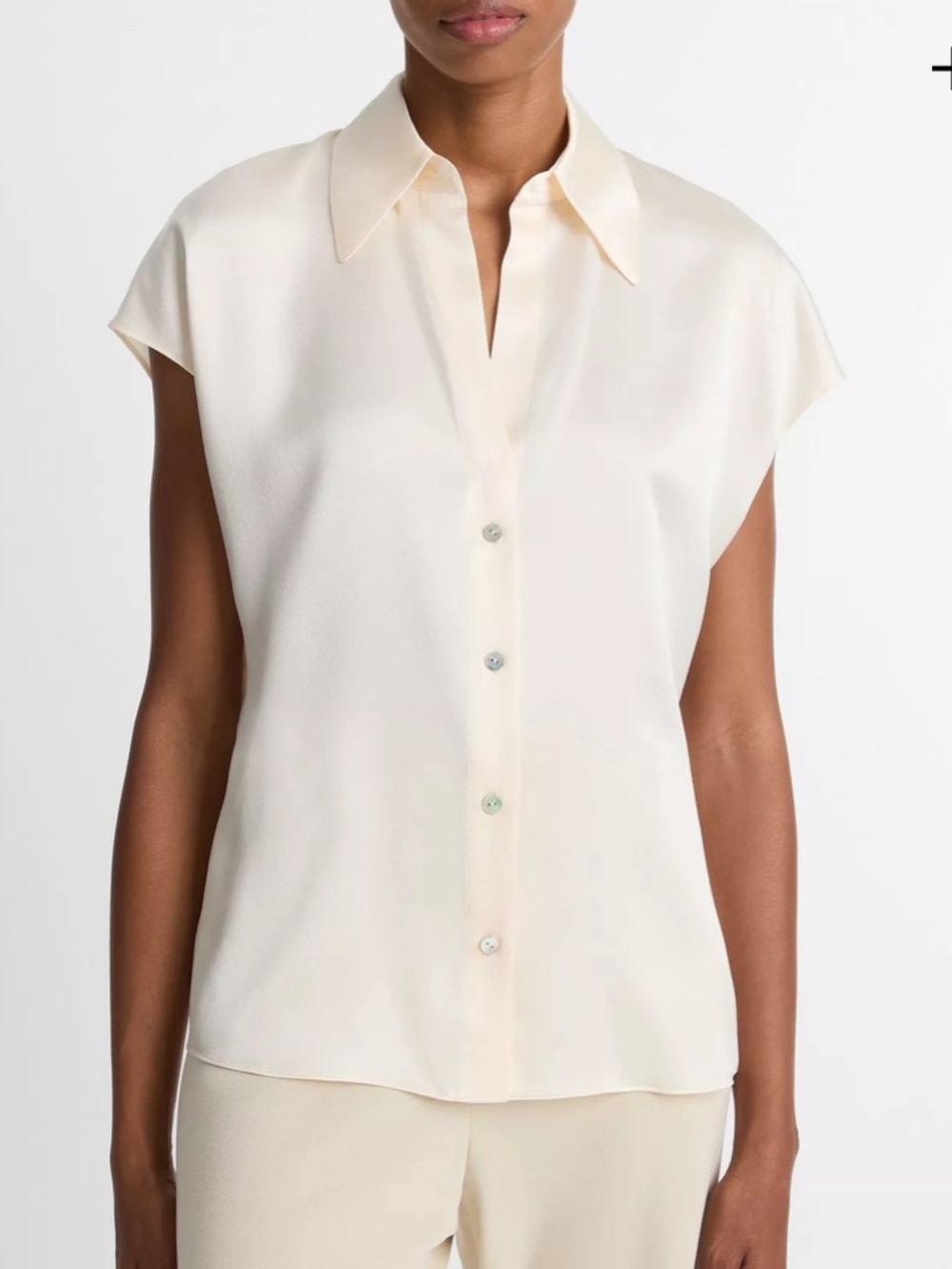 Vince 100% Silk Cream Ivory Cap-Sleeve Ruched-Back V-neck Blouse women medium